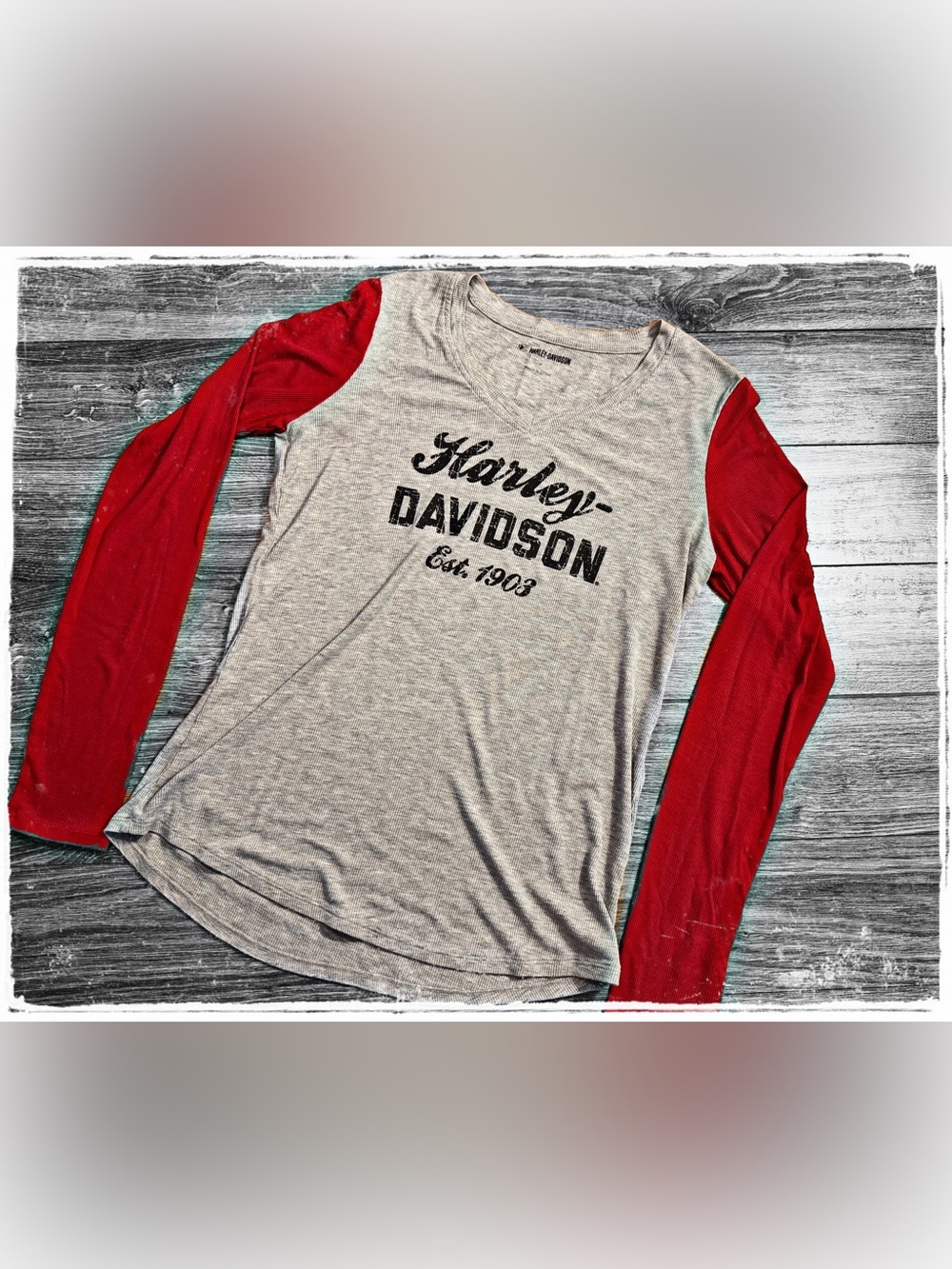 Harley-Davidson Gray Body Red Raglan Long Sleeve Tee - Picture 1 of 4